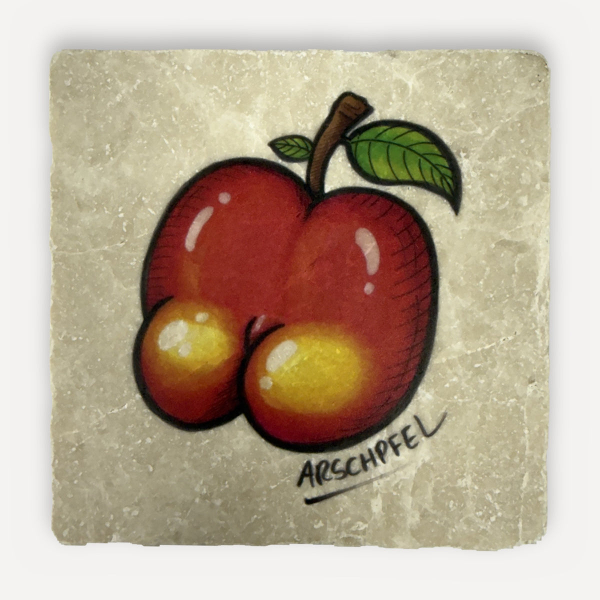 Arschfrüchte Marmor-Untersetzer – Motiv Arschpfel (Apfel)